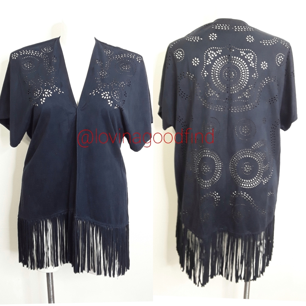 Alya Indigo Navy Faux Suede Vegan Boho Laser Cut Cardi Fringe Jacket EUC sz L